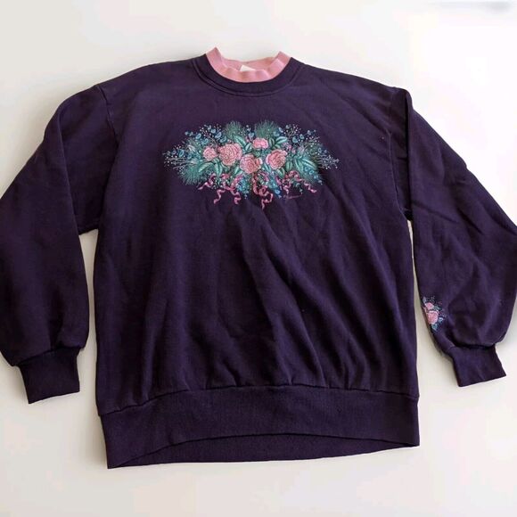 Morning Sun Tops - Vintage 80s 90s Morning Sun USA Purple Floral Grandma Sweatshirt Cottagecore L